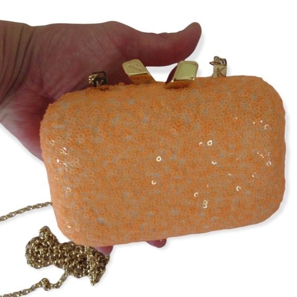 Kotur Bright Orange Sequin Clutch With Chain Handbag - Picture 3 of 10